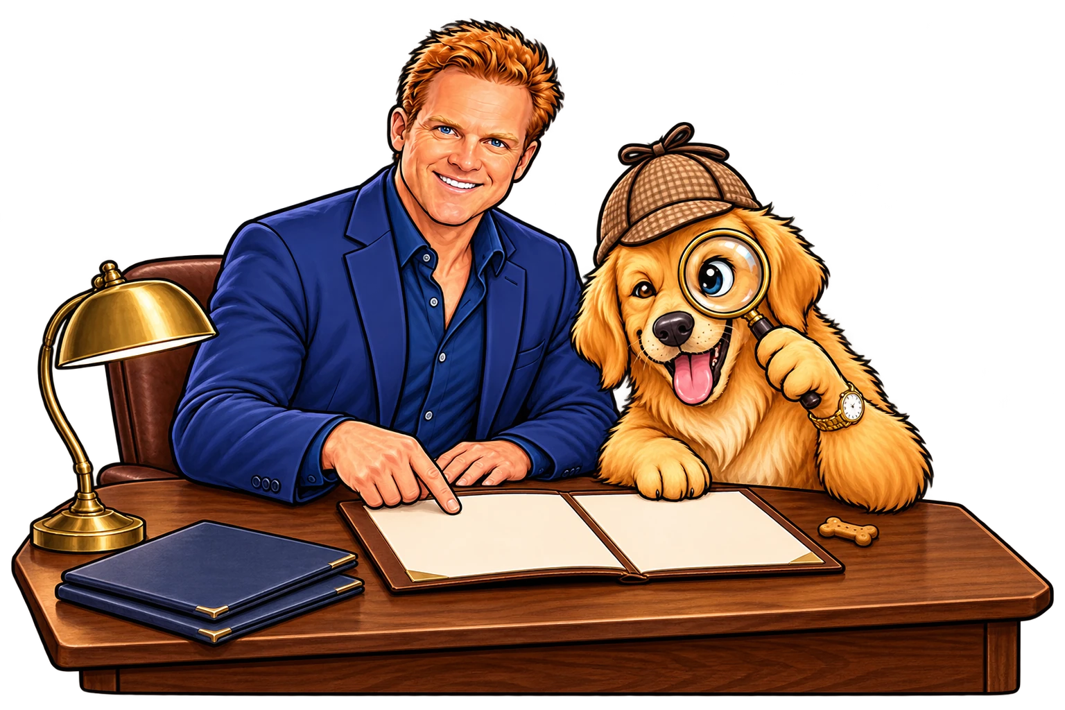 Blake and his golden retriever detective partner reviewing an open case folder at their briefing desk