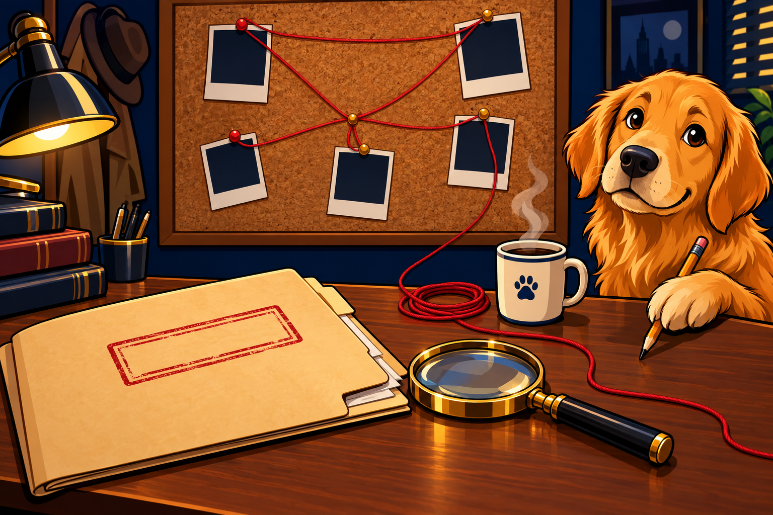 Illustration of a detective's desk with a case folder, magnifying glass, and evidence board, with a golden retriever looking on
