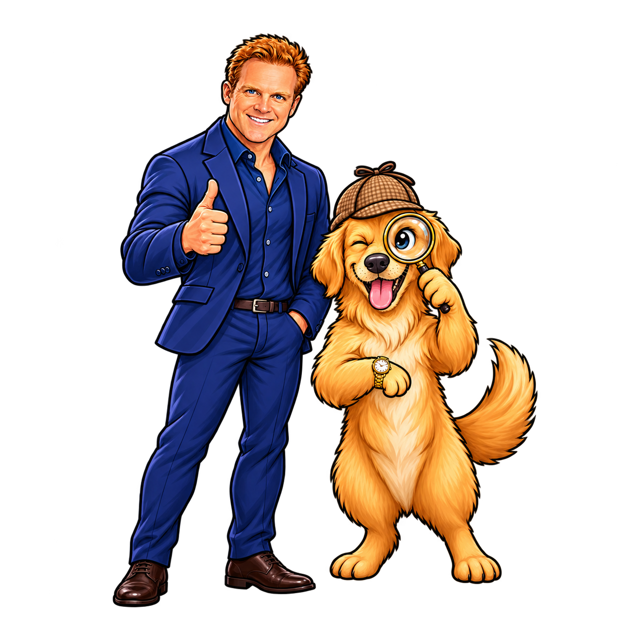 Cartoon illustration of the detective and Ruff Justice, his golden retriever partner, standing side by side