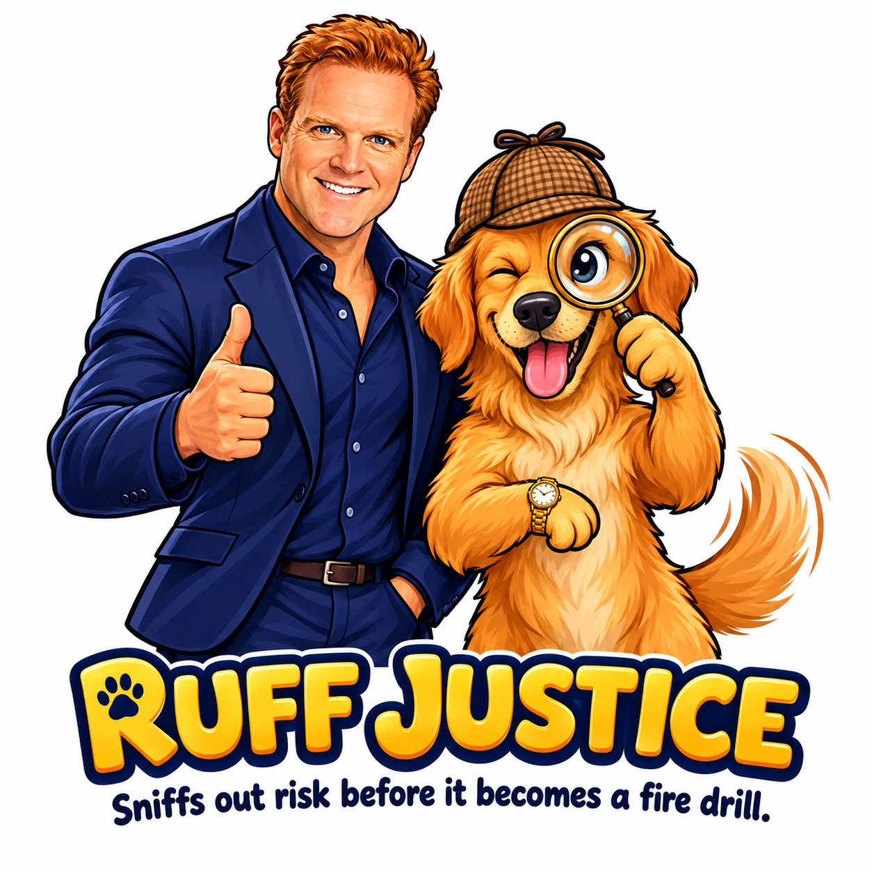 Cartoon portrait of the detective giving a thumbs up beside Ruff Justice, his golden retriever partner