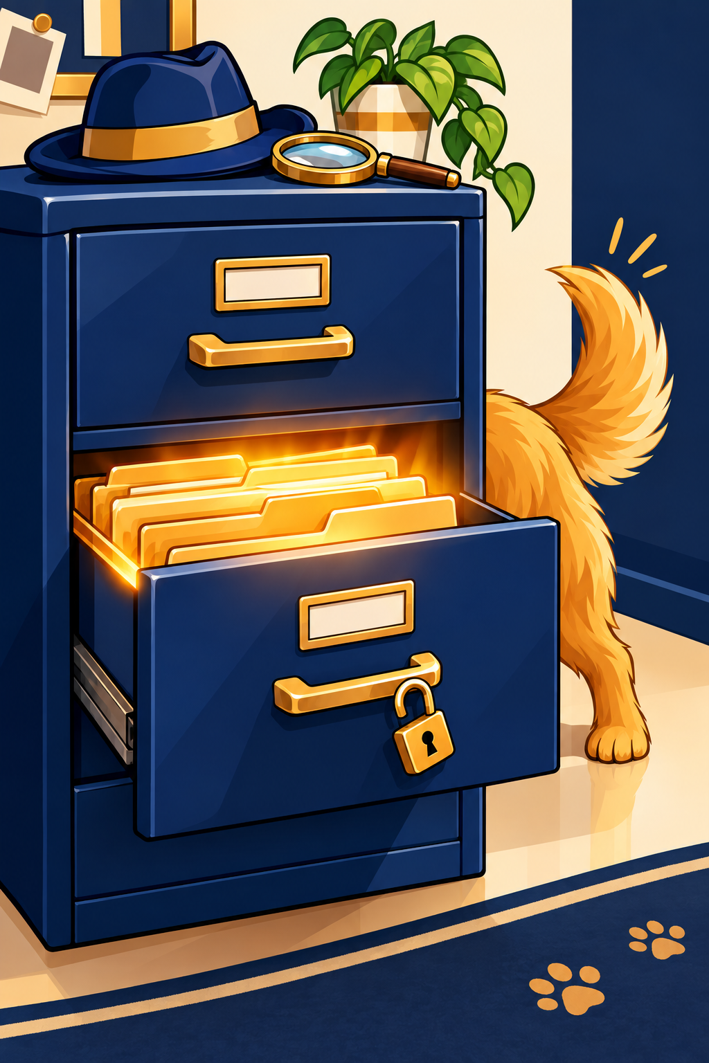 The golden retriever guarding a detective evidence vault and filing cabinet