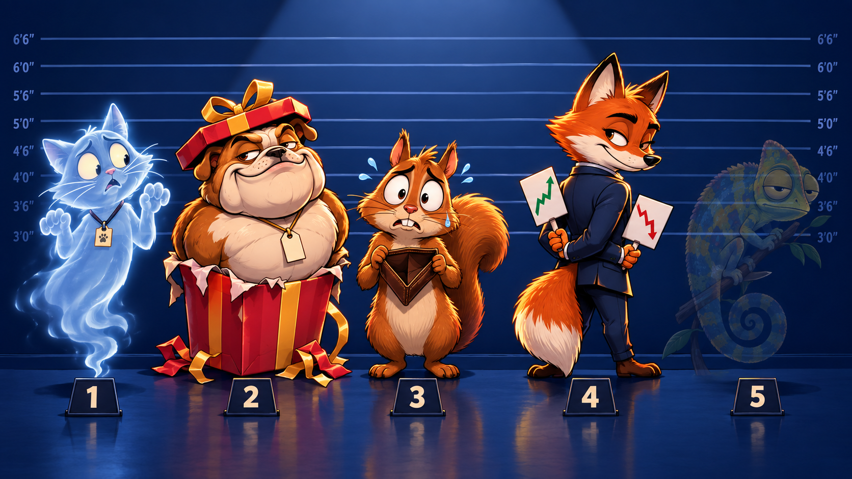 The five original animal suspects in a playful police lineup